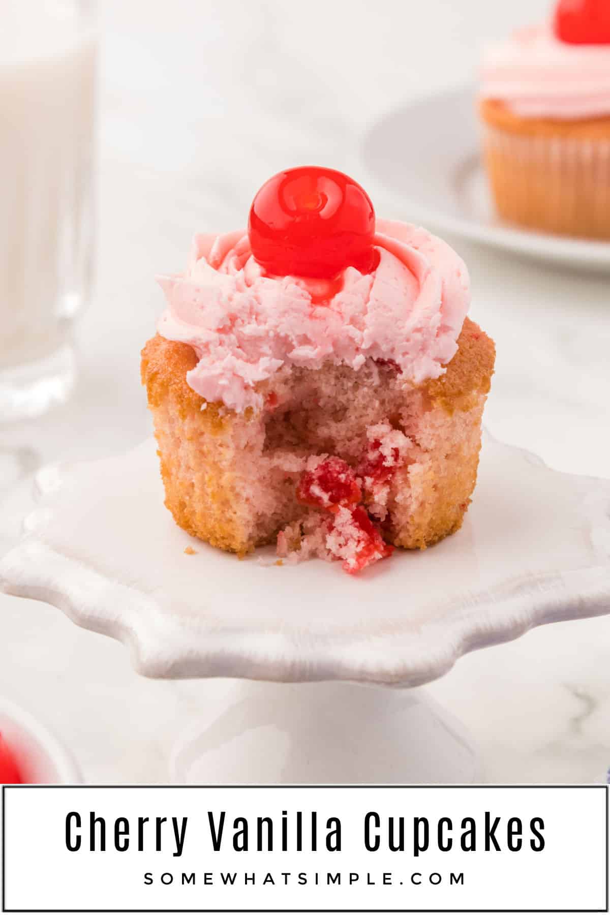Bursting with sweet cherries and vanilla, these Cherry Almond Vanilla Cupcakes are a heavenly treat, perfect for any occasion. via @somewhatsimple
