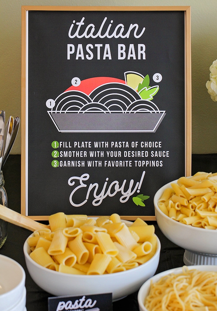Host a fun and delicious dinner party at home with this easy Italian pasta bar! Mix and match pasta, sauce, and toppings! via @somewhatsimple