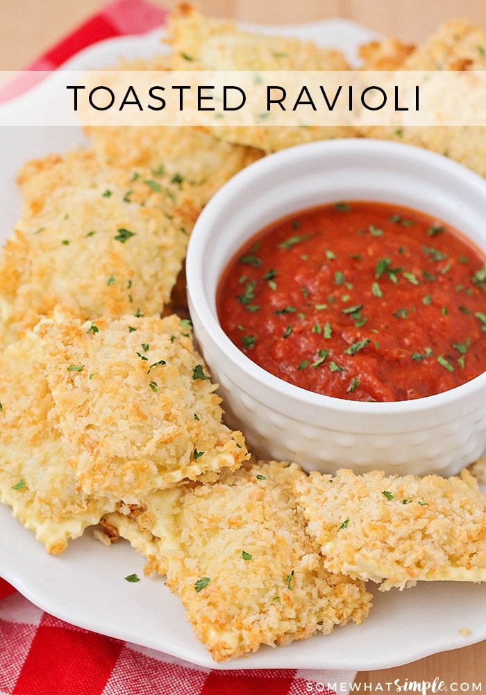 This crispy and cheesy toasted ravioli is baked instead of fried, but still just as delicious. It's a tasty snack for game day or party time! via @somewhatsimple
