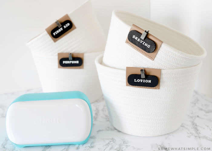 baskets with labels for the bathroom