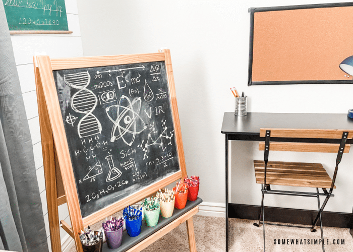 easel with science doodles written on a chalkboard