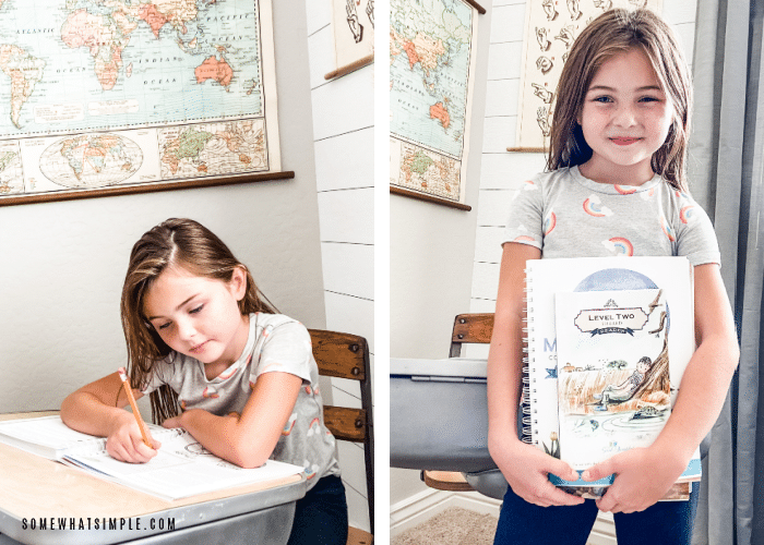 Addie holding textbooks and writing in a workbook