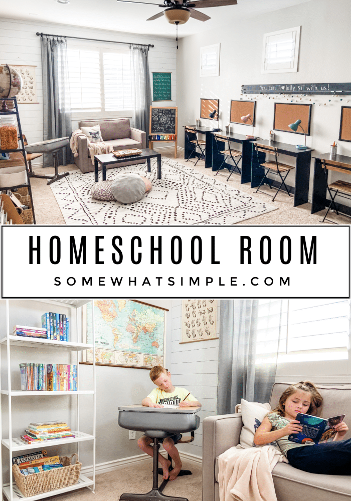 A tour of our family's homeschool room, and a chat about the curriculum we are using to homeschool our kids. via @somewhatsimple
